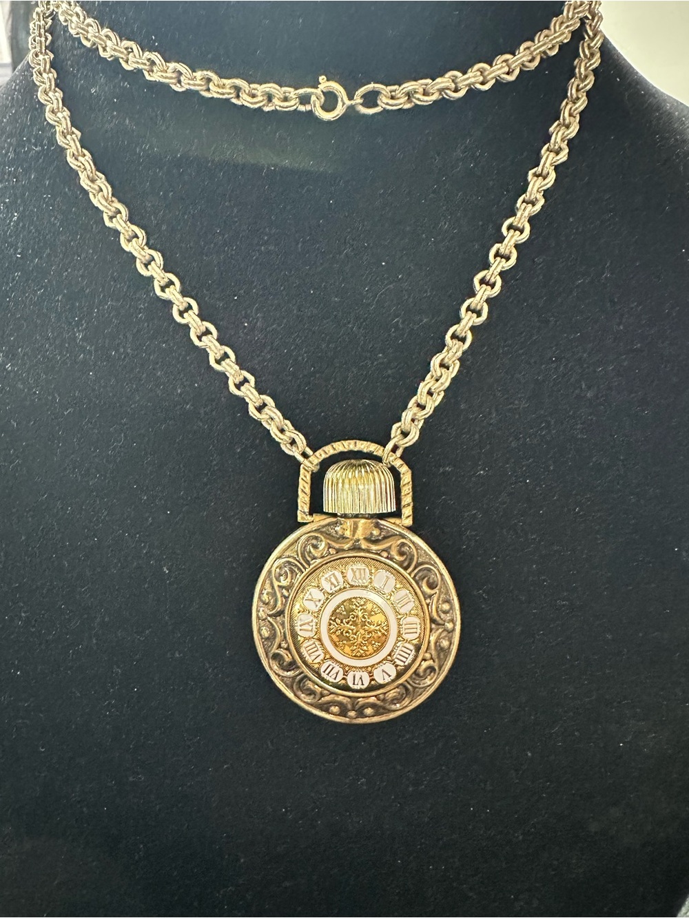 317- Avon Gold-Tone Ornate Pocket Vintage Avon Perfume Pendant Necklace